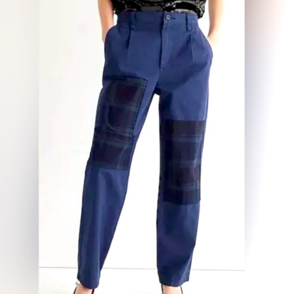 NWT J. Crew Women's 29 Pleated Slouchy Boyfriend Navy Chino Pants Plaid Patches